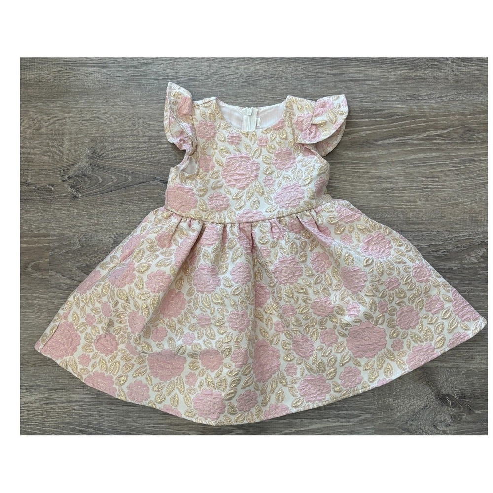 Girl's Pink Gold Floral Jacquard Ruffle‎ Trim Dress 2-3 Years Special Occasion